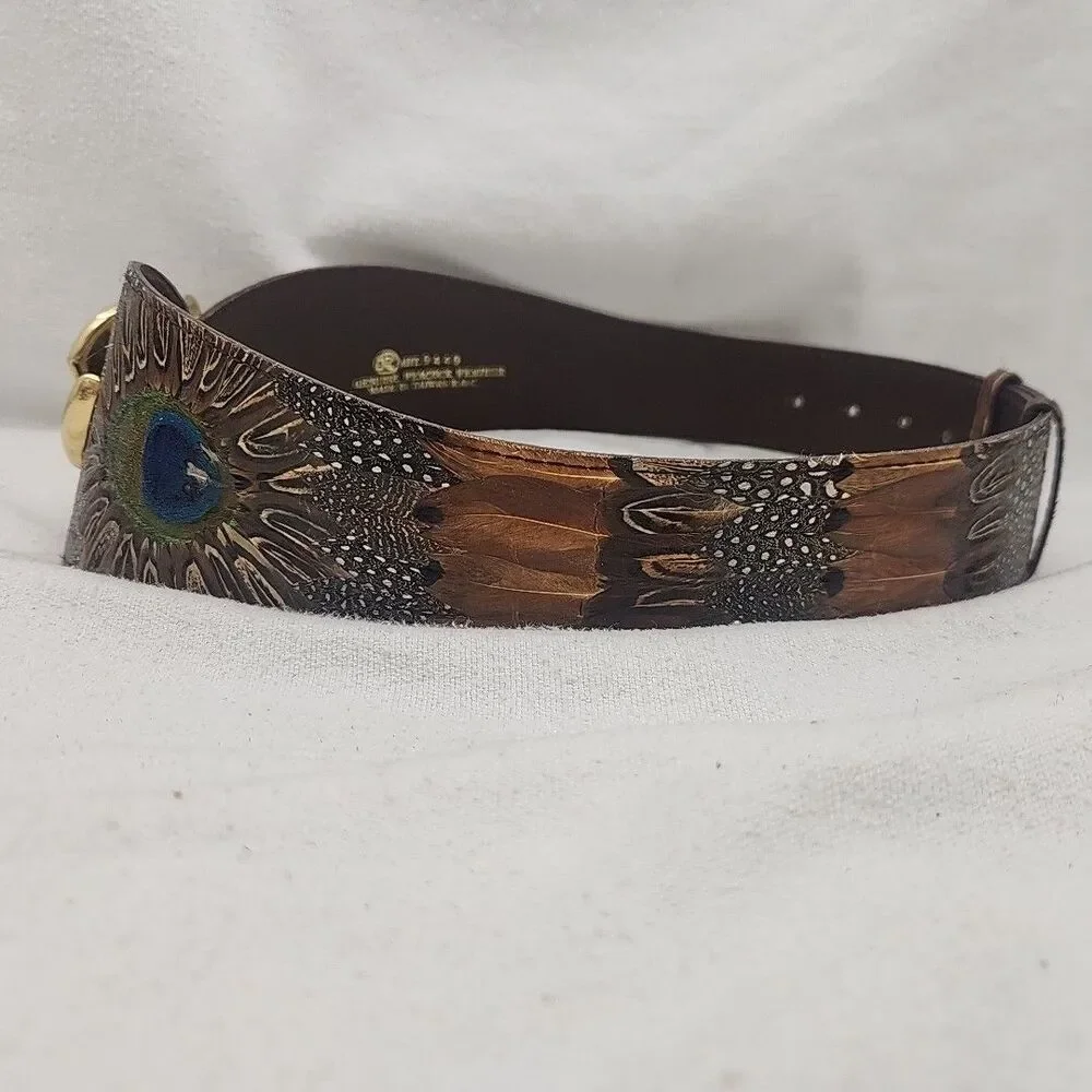 Belt Peacock Feather Wide Gold Chevron Buckle Adj Comeco Royal ART 9449 VTG 80s